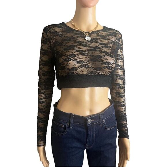 CW Classics Women's Lace See-Through Long Sleeve Crop Top Black Medium - Picture 2 of 5